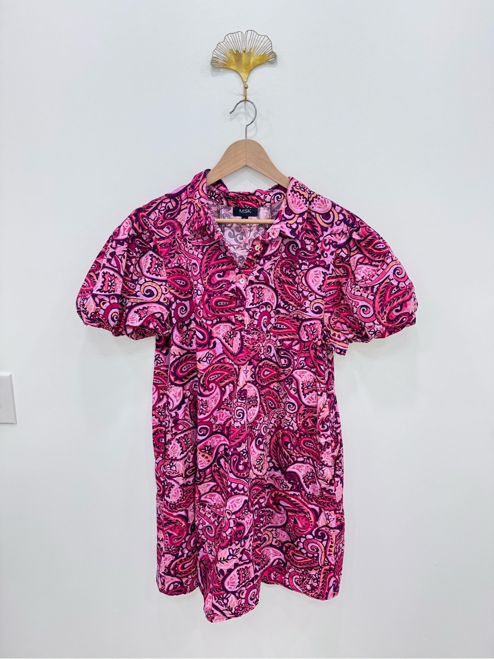 MSK Women's Printed Cotton Collared Puff-Sleeve Shift Dress Pink Purple Floral